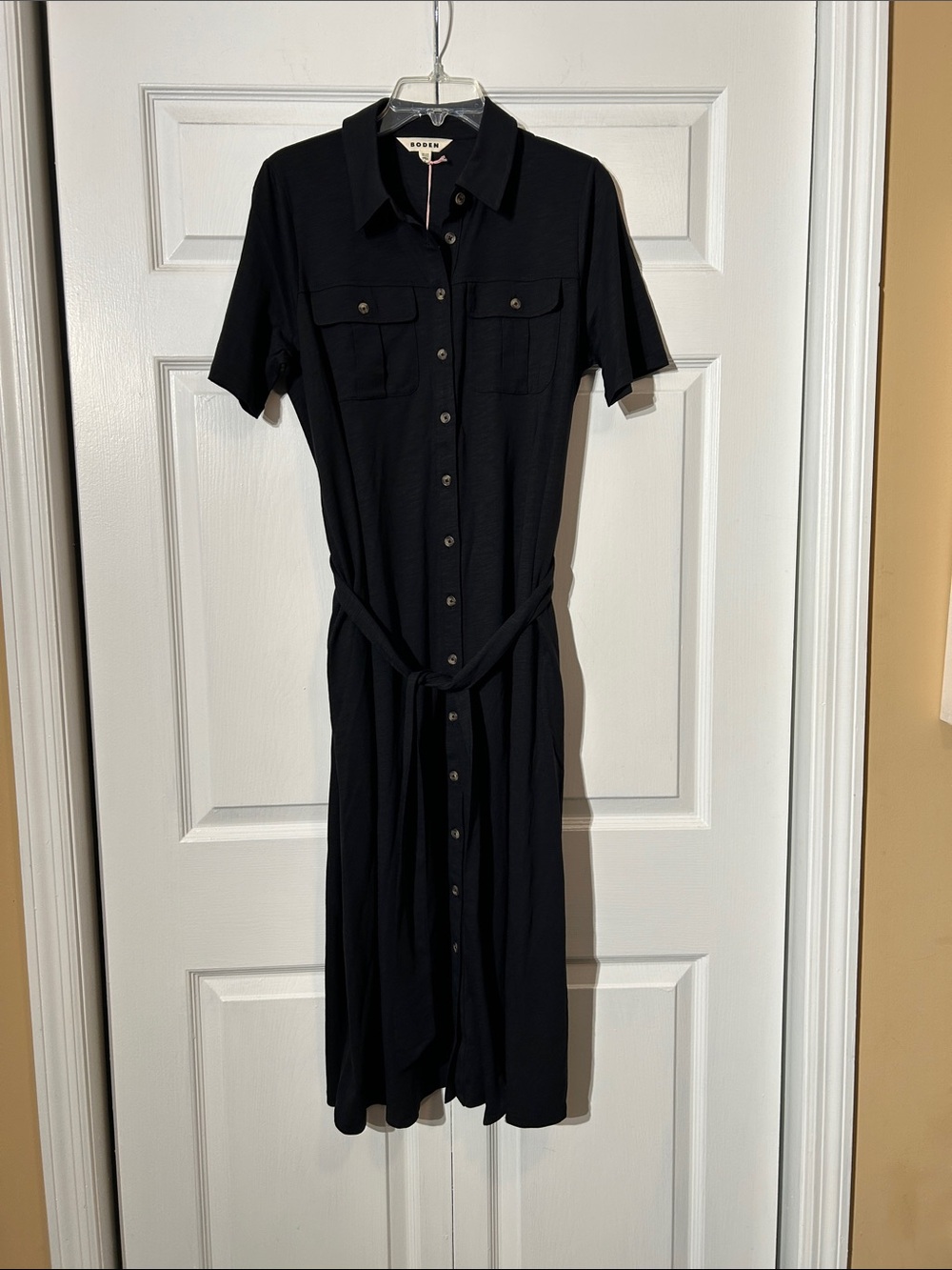 NWT Boden Jersey Shirt Tencel Dress Black Size 10 Belted w/Pockets Midi w/Pocket
